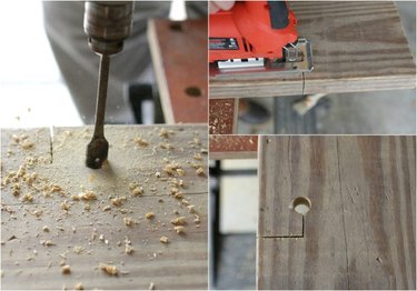 Cutting a wine glass hole in the wood caddy