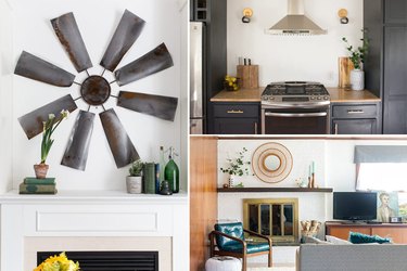 A windmill art piece, wall sconces, and a painted fireplace.