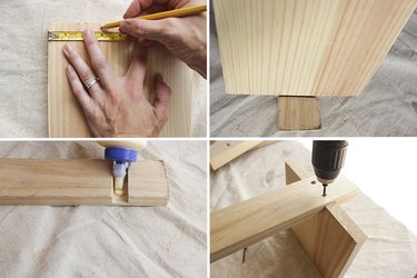 All four steps of attaching shelves into "spine" of bookshelf.