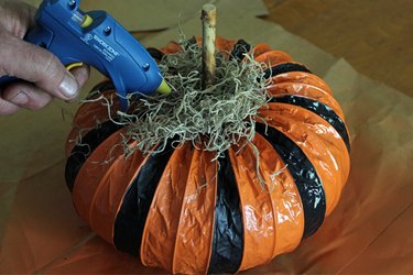 Glue Spanish moss around the center of the pumpkin.