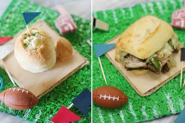 New England clam chowder bread bowl bite and Philly cheese steak slider