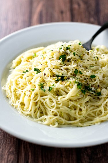 Angel hair pasta tossed with artichoke and lemon pesto